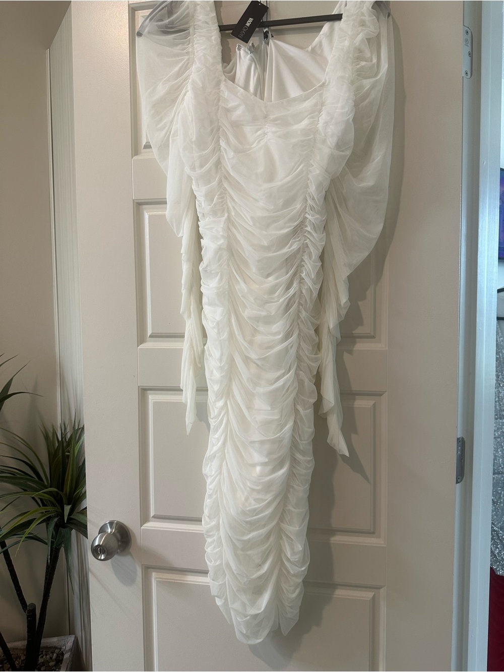 Fashion Nova White Ruched Sheer-Sleeve Midi Dress - Picture 2 of 3
